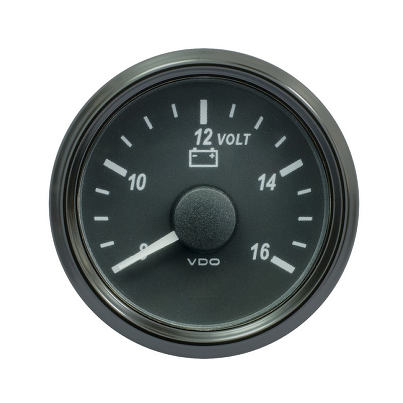 VDO SingleViu 0247 Voltmeter 8-16V Black 52mm White Lighted w Red Pointer